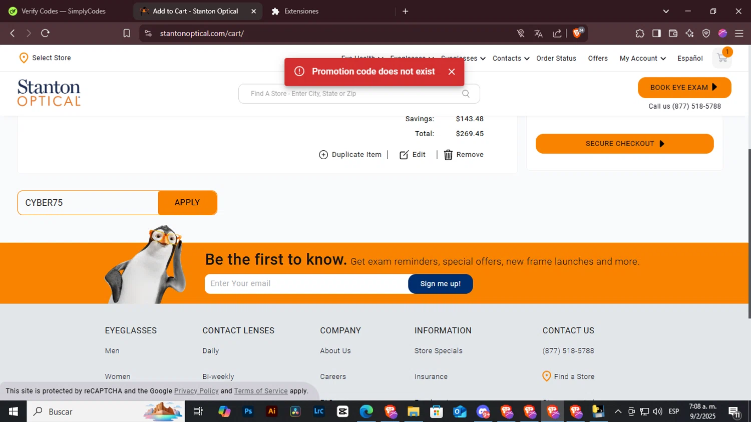 Stanton Optical promo code screenshot showing code CYBER75 applied at Stanton Optical checkout page. Uploaded by SimplyCodes community member ArtPOPO on Feb 9, 2025