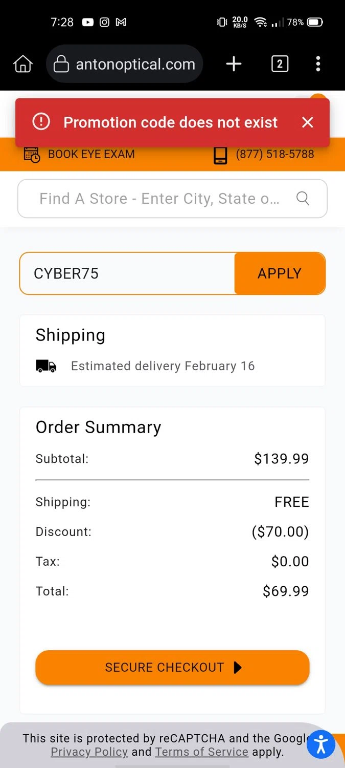 Stanton Optical promo code screenshot showing code CYBER75 applied at Stanton Optical checkout page. Uploaded by SimplyCodes community member Wonderwoman82 on Feb 9, 2025