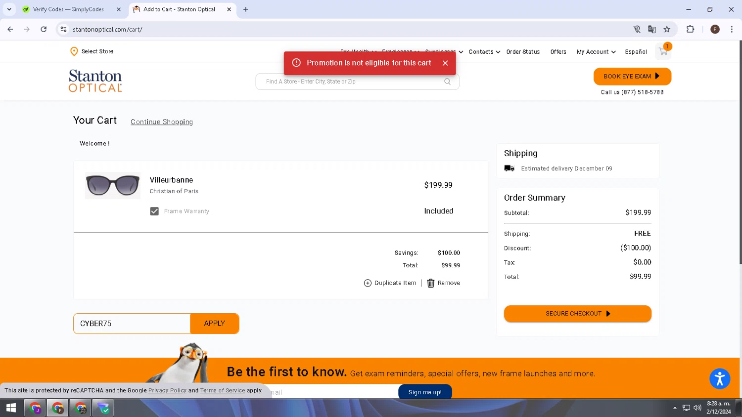 Stanton Optical checkout page showing Stanton Optical promo code box | Screenshot taken by SimplyCodes community member on Dec 2, 2024