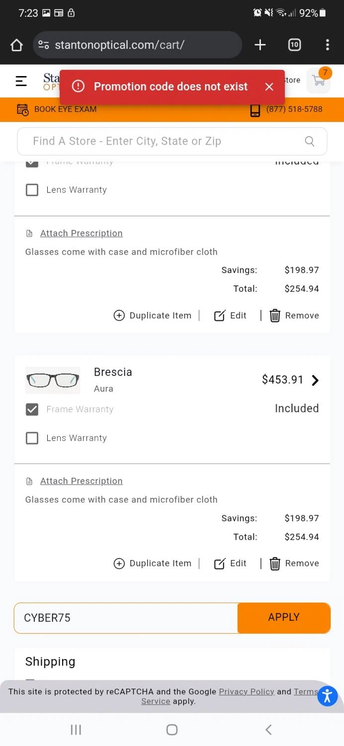 Stanton Optical promo code screenshot showing code CYBER75 applied at Stanton Optical checkout page. Uploaded by SimplyCodes community member simplycodescupons on Feb 9, 2025