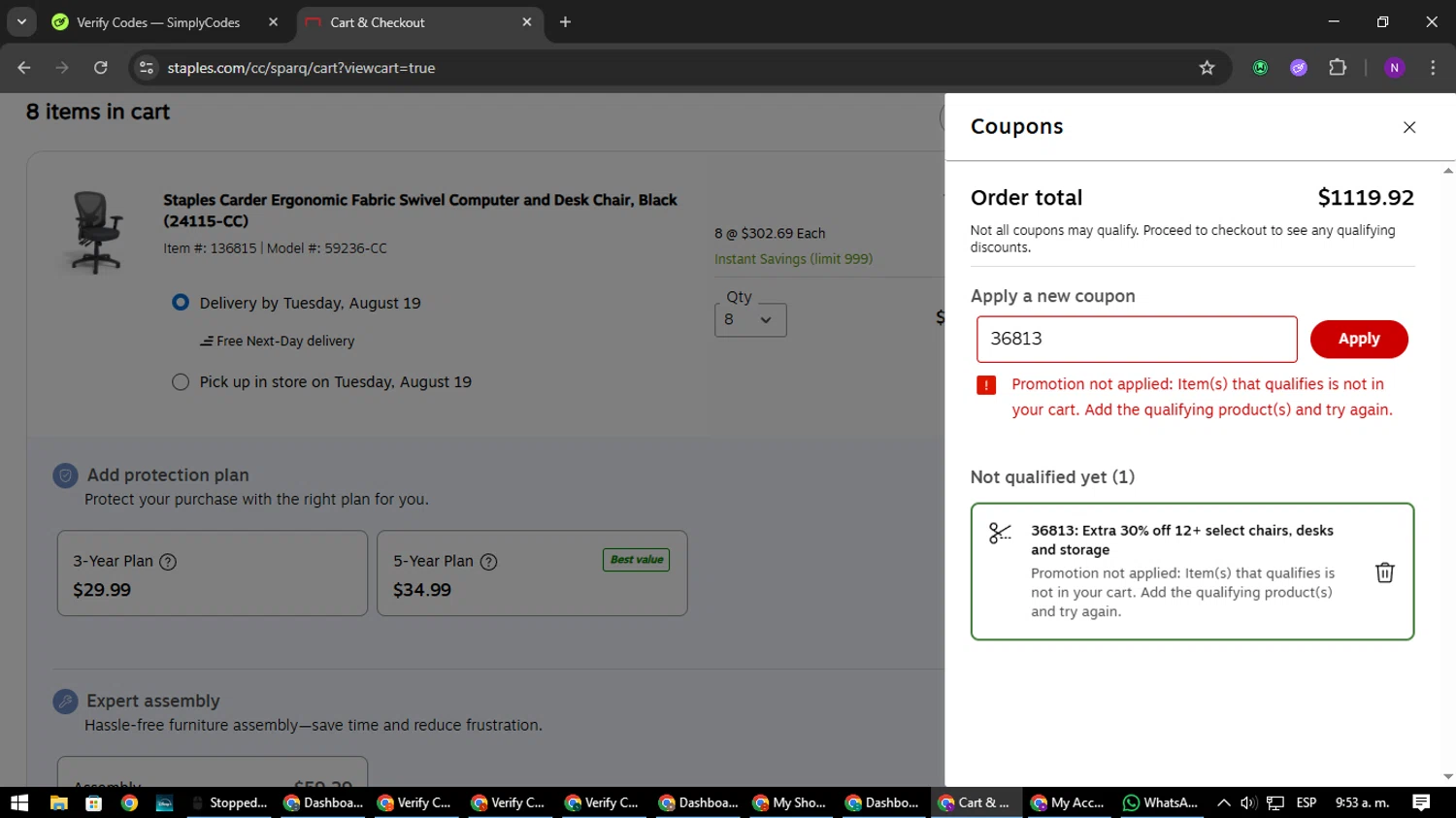 Staples promo code screenshot showing code 36813 applied at Staples checkout page. Uploaded by SimplyCodes community member NATAAAAAANAELCANO on Aug 18, 2025