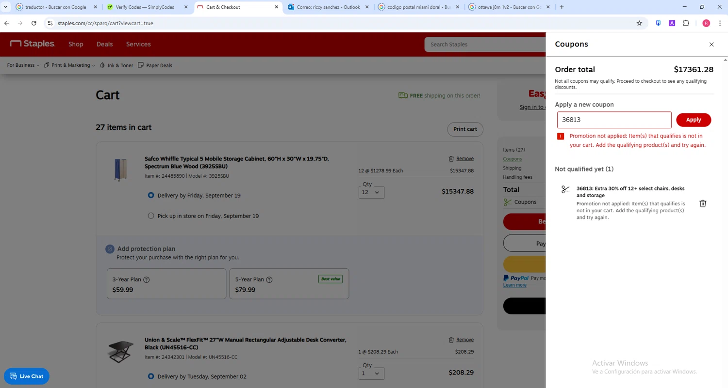 Staples promo code screenshot showing code 36813 applied at Staples checkout page. Uploaded by SimplyCodes community member ShieldWarden5142 on Aug 29, 2025