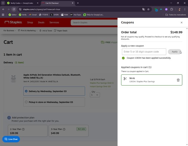 Staples checkout page showing Staples promo code box | Screenshot taken by SimplyCodes community member on Aug 26, 2025