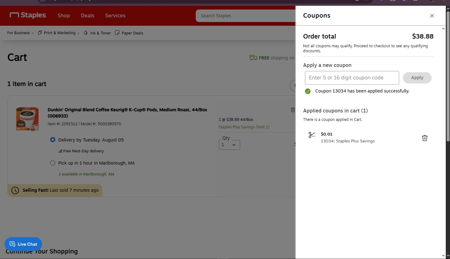 Staples promo code screenshot showing code 13034 applied at Staples checkout page. Uploaded by SimplyCodes community member TokioMiller on Aug 4, 2025