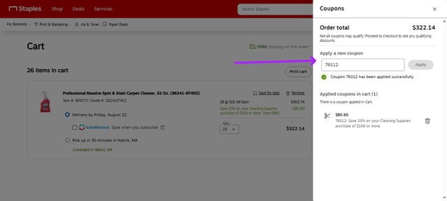 Staples checkout page showing Staples promo code box | Screenshot taken by SimplyCodes community member on Aug 20, 2025