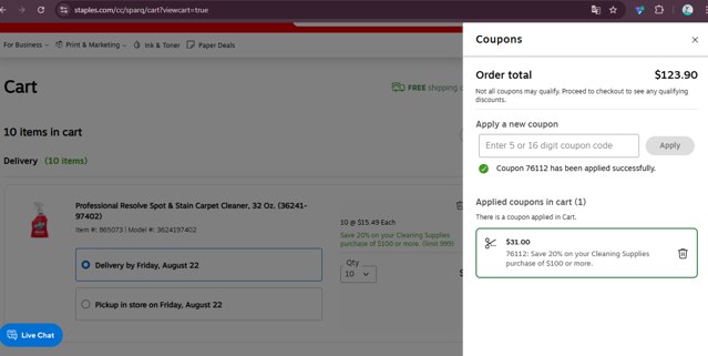 Staples checkout page showing Staples promo code box | Screenshot taken by SimplyCodes community member on Aug 20, 2025