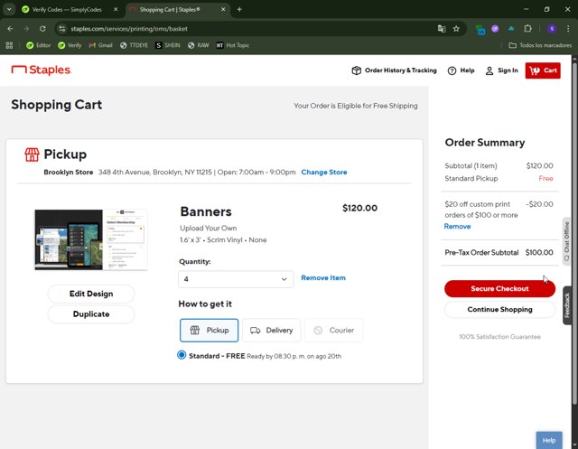 Staples checkout page showing Staples promo code box | Screenshot taken by SimplyCodes community member on Aug 20, 2025