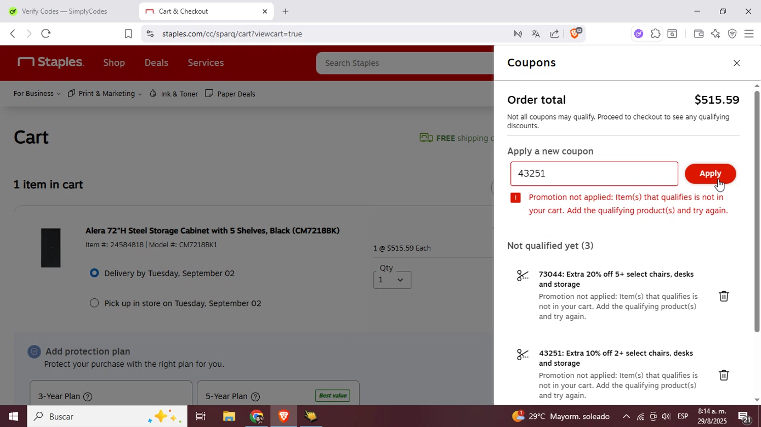 Staples promo code screenshot showing code 43251 applied at Staples checkout page. Uploaded by SimplyCodes community member Mujerdejunnior on Aug 29, 2025