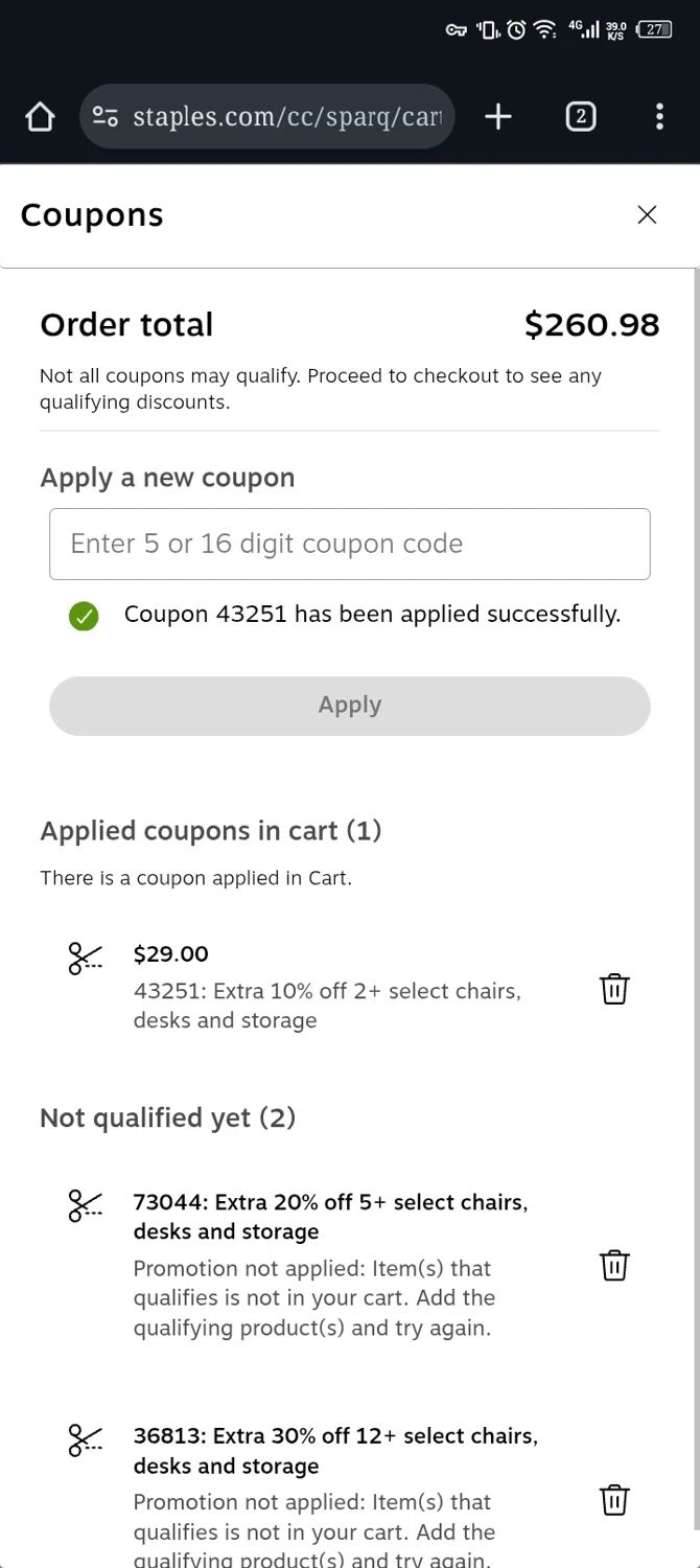 Staples promo code screenshot showing code 43251 applied at Staples checkout page. Uploaded by SimplyCodes community member Xx_Cogeburras3000_xX on Aug 29, 2025
