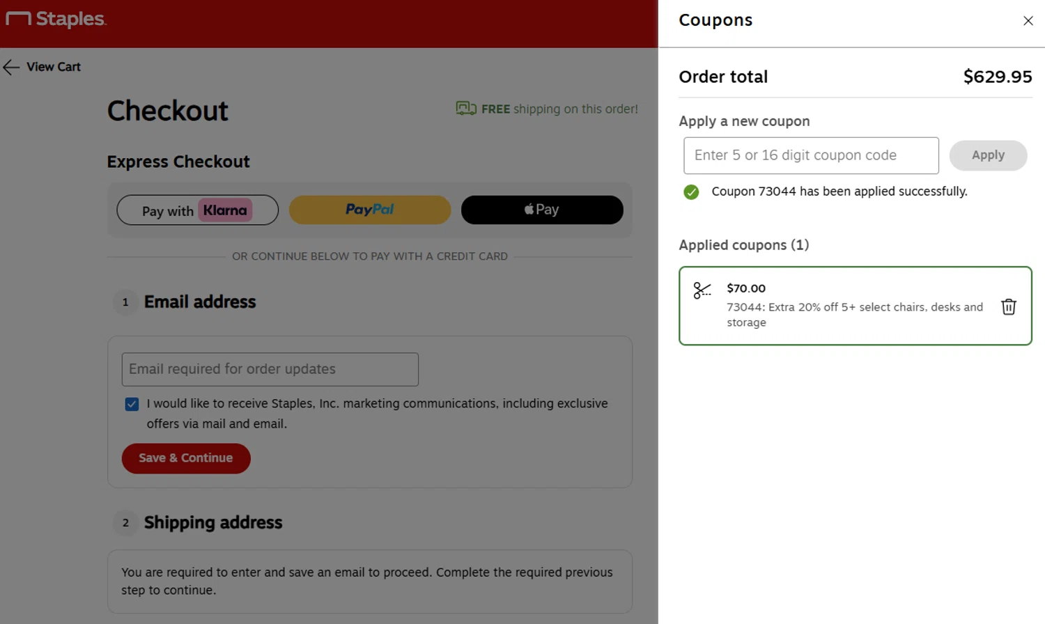 Staples promo code screenshot showing code 73044 applied at Staples checkout page. Uploaded by SimplyCodes community member FrugalKnight782 on Aug 29, 2025