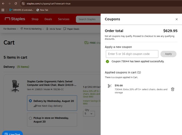 Staples checkout page showing Staples promo code box | Screenshot taken by SimplyCodes community member on Aug 19, 2025