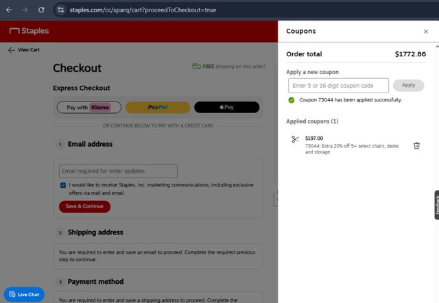 Staples checkout page showing Staples promo code box | Screenshot taken by SimplyCodes community member on Aug 22, 2025