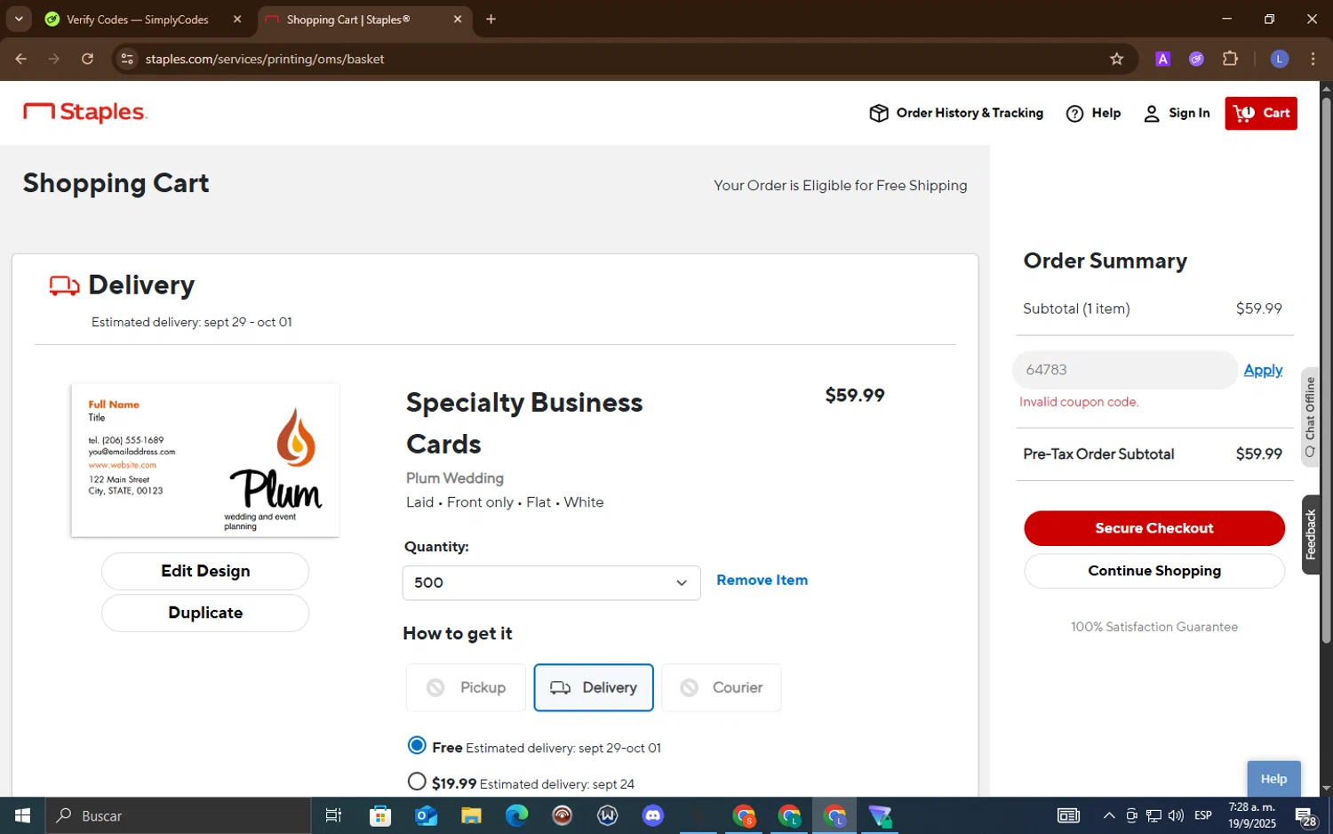 Staples Design coupon code screenshot showing code 64783 applied at Staples Design checkout page. Uploaded by SimplyCodes community member LuckyEagle5535 on Sep 19, 2025