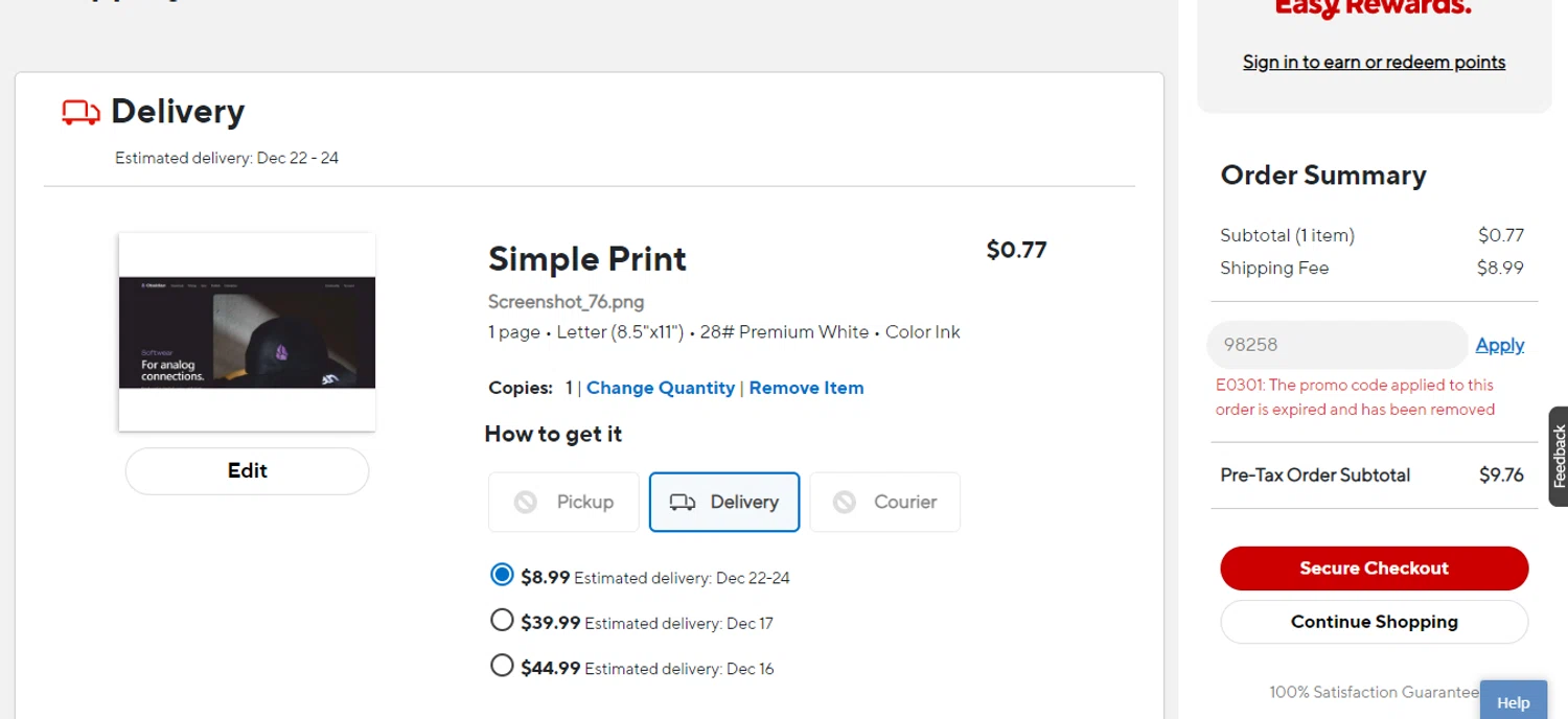 Staples Design coupon code screenshot showing code 98258 applied at Staples Design checkout page. Uploaded by SimplyCodes community member obito1234 on Dec 13, 2025