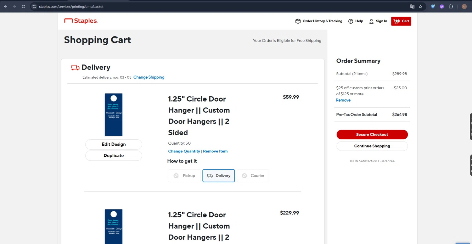 Staples Design checkout page showing Staples Design coupon code box | Screenshot taken by SimplyCodes community member on Oct 22, 2025