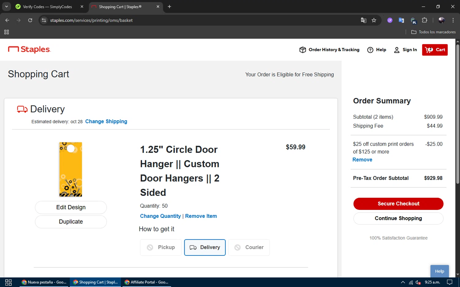 Staples Design checkout page showing Staples Design coupon code box | Screenshot taken by SimplyCodes community member on Oct 22, 2025