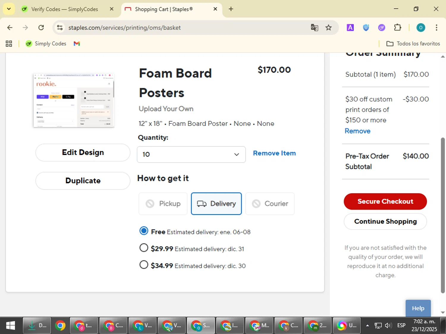 Staples Design coupon code screenshot showing code 56118 applied at Staples Design checkout page. Uploaded by SimplyCodes community member BudgetSeeker9524 on Dec 23, 2025