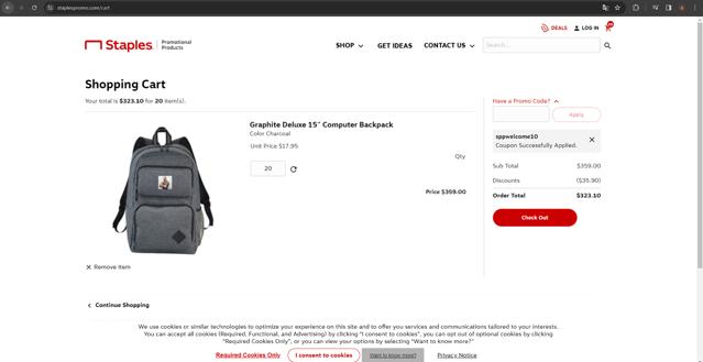 Staples Promo checkout page showing Staples Promo promo code box | Screenshot taken by SimplyCodes community member on Feb 15, 2024