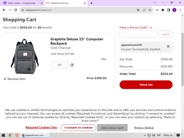 Staples Promo checkout page showing Staples Promo promo code box | Screenshot taken by SimplyCodes community member on Nov 4, 2023
