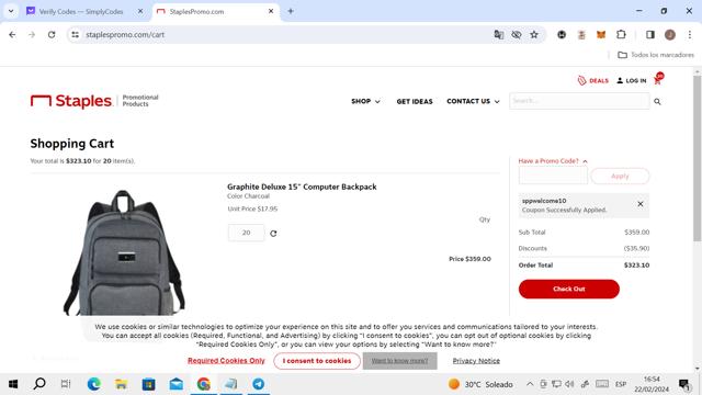 Staples Promo checkout page showing Staples Promo promo code box | Screenshot taken by SimplyCodes community member on Feb 22, 2024