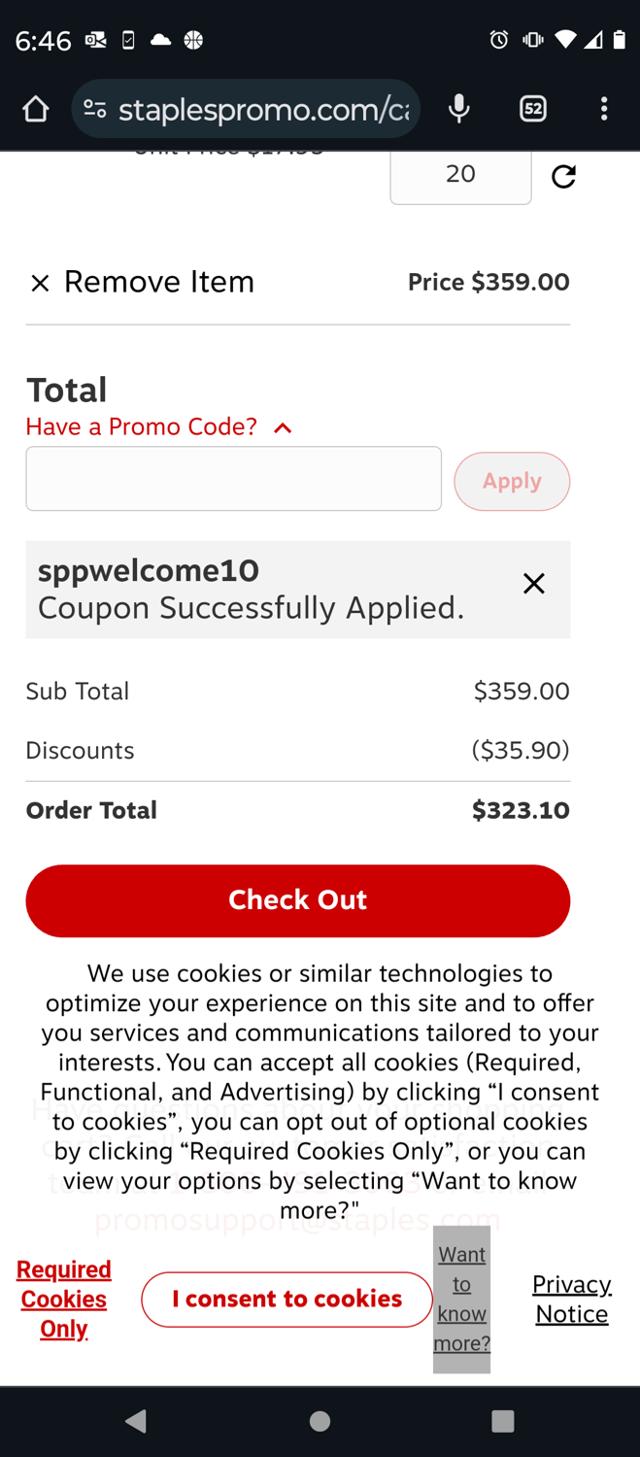 Staples Promo checkout page showing Staples Promo promo code box | Screenshot taken by SimplyCodes community member on Nov 4, 2023