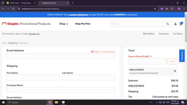 Staples Promo checkout page showing Staples Promo promo code box | Screenshot taken by SimplyCodes community member on Oct 21, 2024