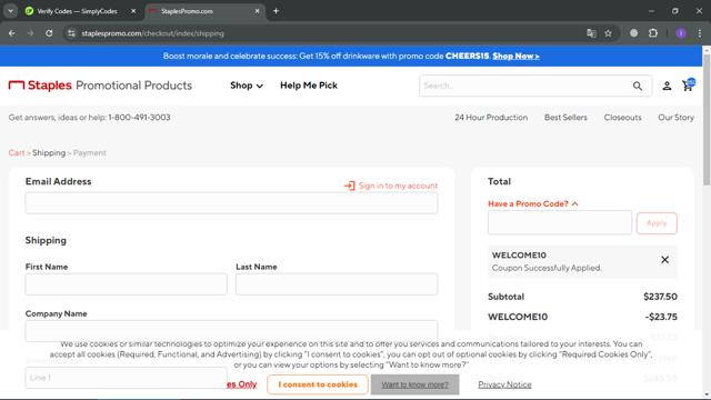 Staples Promo checkout page showing Staples Promo promo code box | Screenshot taken by SimplyCodes community member on Aug 10, 2024