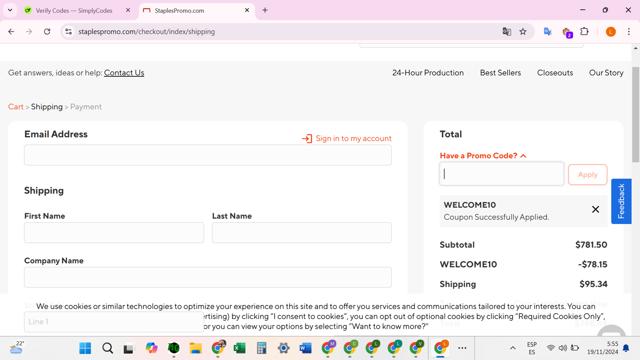 Staples Promo checkout page showing Staples Promo promo code box | Screenshot taken by SimplyCodes community member on Nov 19, 2024