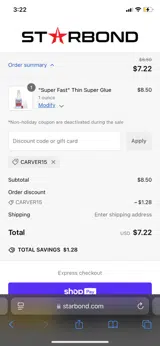 CARVER15 coupon verification screenshot