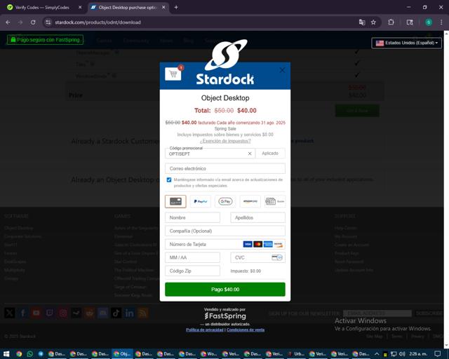 Stardock checkout page showing Stardock promo code box | Screenshot taken by SimplyCodes community member on Aug 31, 2025