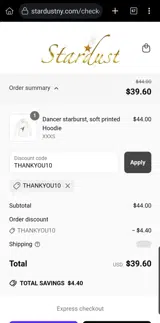 THANKYOU10 coupon verification screenshot