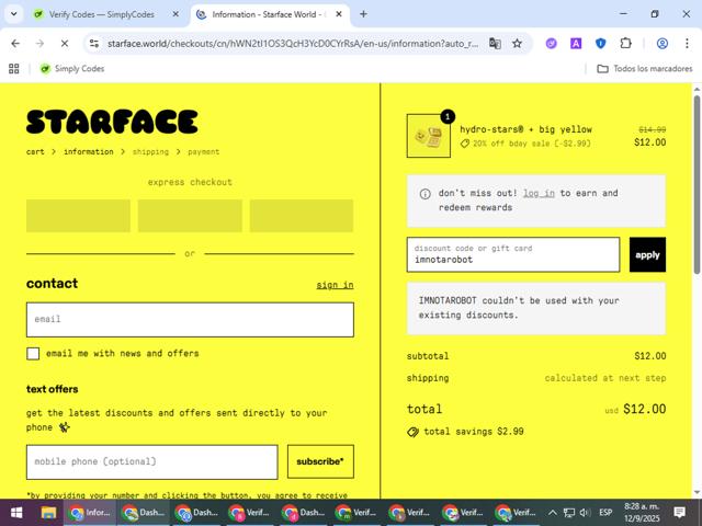 Starface checkout page showing Starface discount code box | Screenshot taken by SimplyCodes community member on Sep 12, 2025
