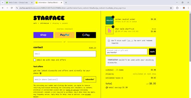 Starface checkout page showing Starface discount code box | Screenshot taken by SimplyCodes community member on Sep 12, 2025