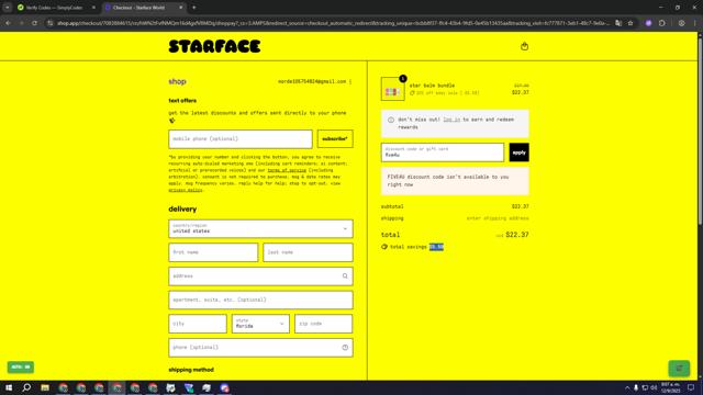 Starface checkout page showing Starface discount code box | Screenshot taken by SimplyCodes community member on Sep 12, 2025