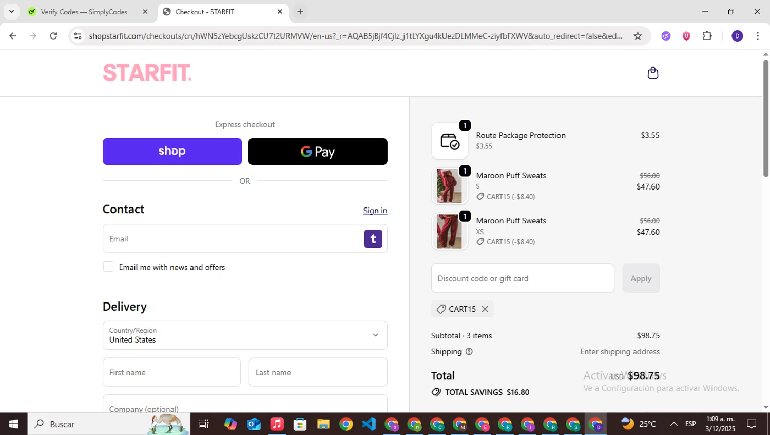 STARFIT discount code screenshot showing code CART15 applied at STARFIT checkout page. Uploaded by SimplyCodes community member PrimeNavigator3251 on Dec 3, 2025