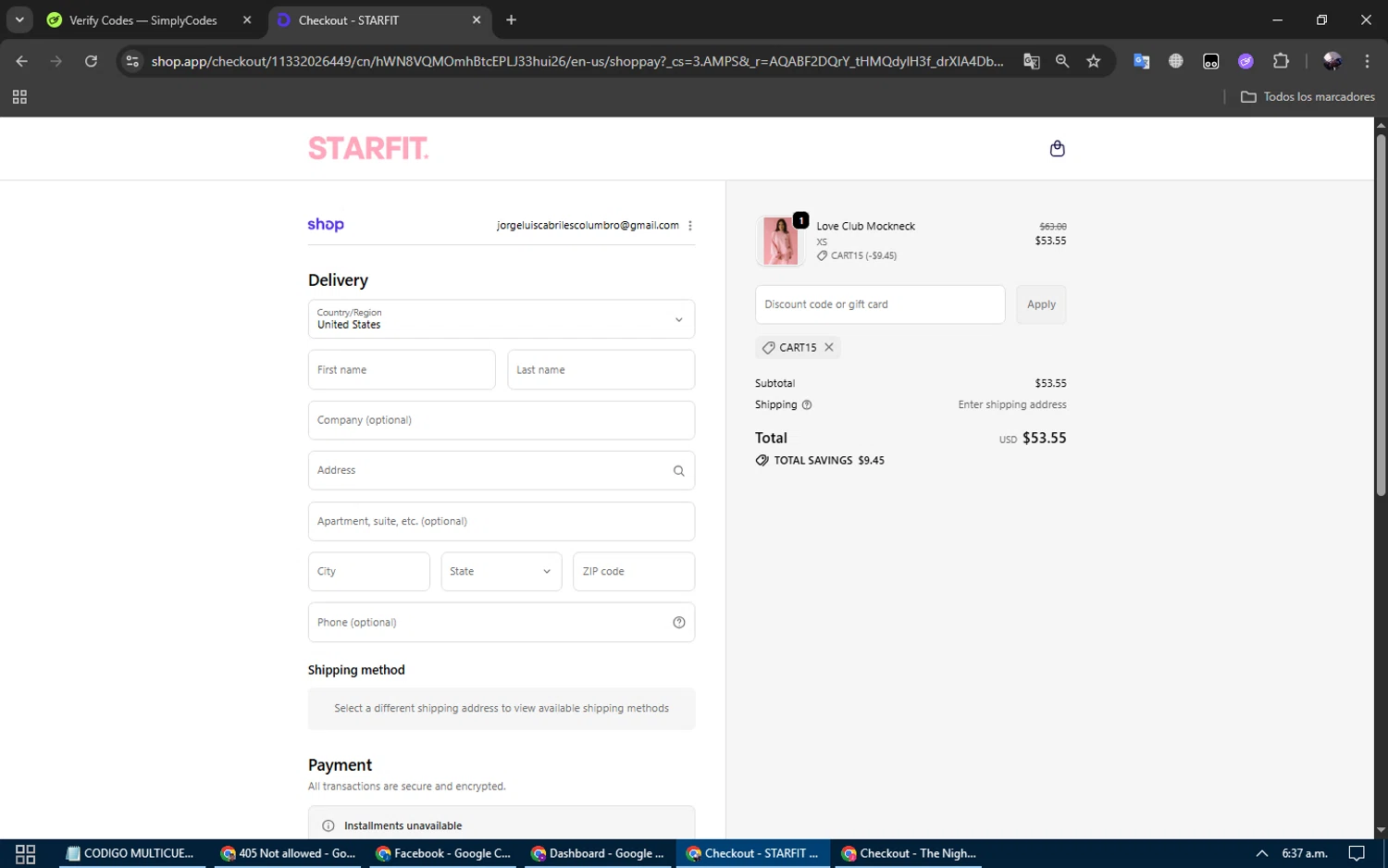 STARFIT discount code screenshot showing code CART15 applied at STARFIT checkout page. Uploaded by SimplyCodes community member gremirhernandez on Feb 7, 2026