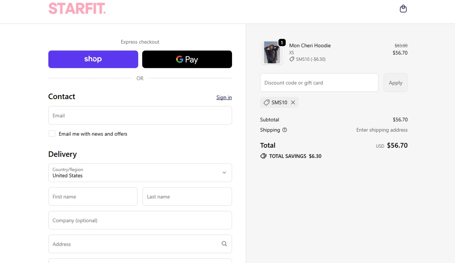 STARFIT discount code screenshot showing code SMS10 applied at STARFIT checkout page. Uploaded by SimplyCodes community member SavvyLegend1586 on Oct 5, 2025