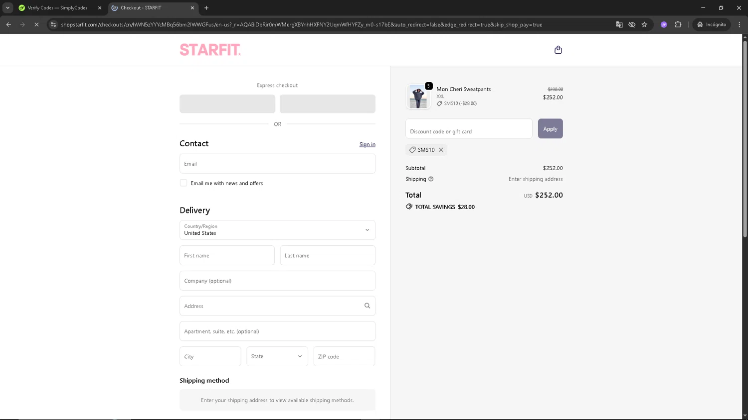 STARFIT discount code screenshot showing code SMS10 applied at STARFIT checkout page. Uploaded by SimplyCodes community member ShrewdSleuth9497 on Dec 3, 2025