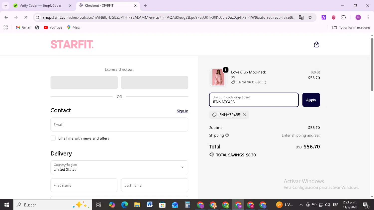 STARFIT checkout page showing STARFIT discount code box | Screenshot taken by SimplyCodes community member on Feb 11, 2026