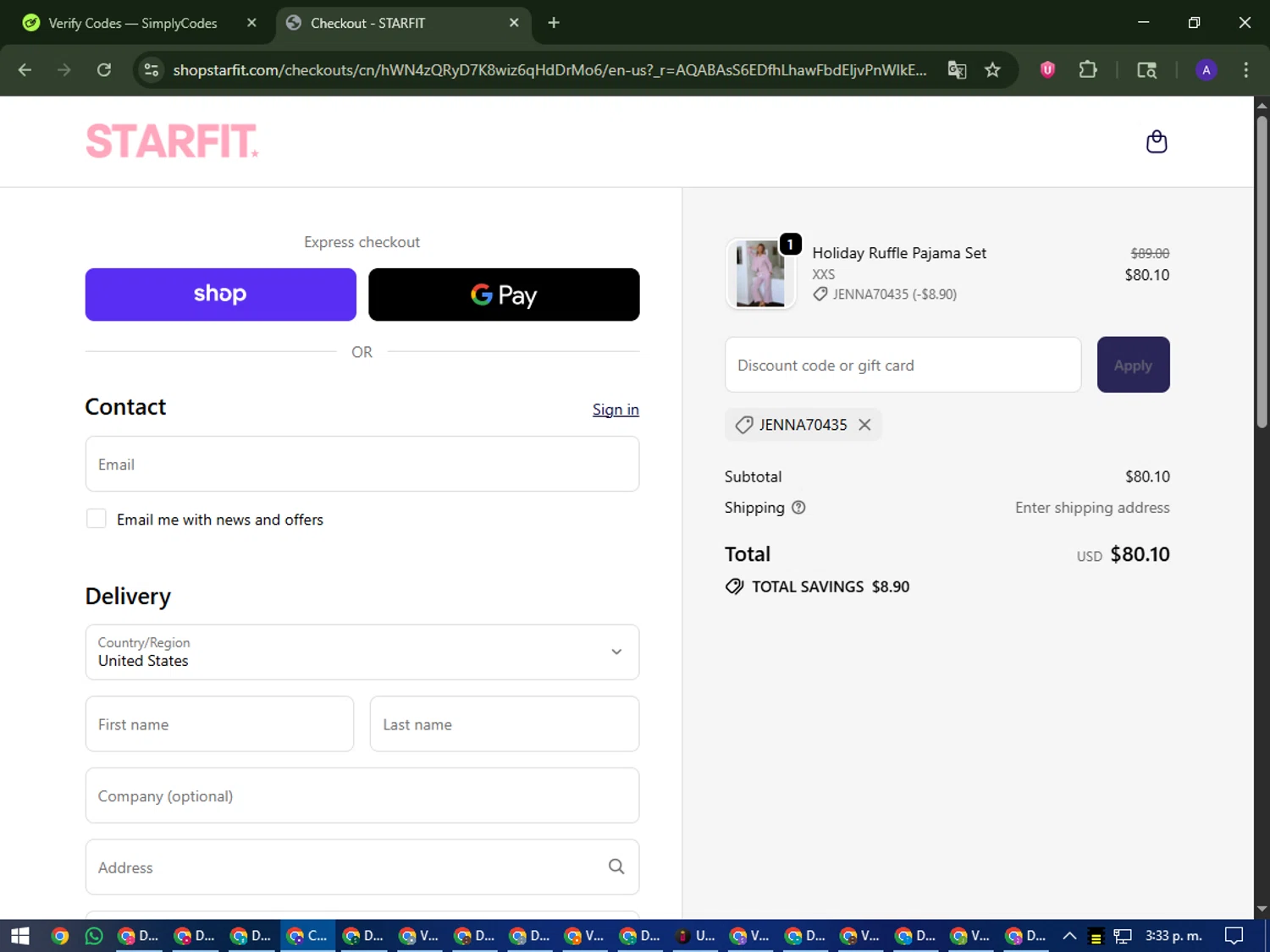 STARFIT discount code screenshot showing code JENNA70435 applied at STARFIT checkout page. Uploaded by SimplyCodes community member MagnificentWarden4603 on Nov 6, 2025