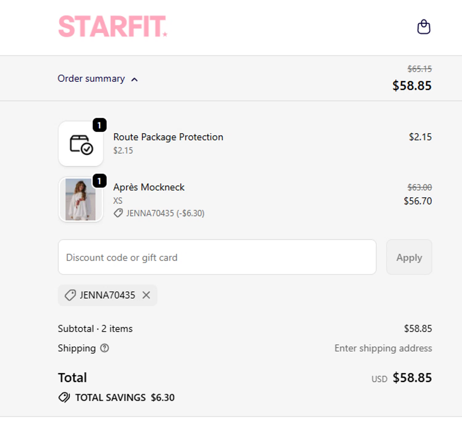 STARFIT discount code screenshot showing code JENNA70435 applied at STARFIT checkout page. Uploaded by SimplyCodes community member PennyScout6137 on Jan 20, 2026