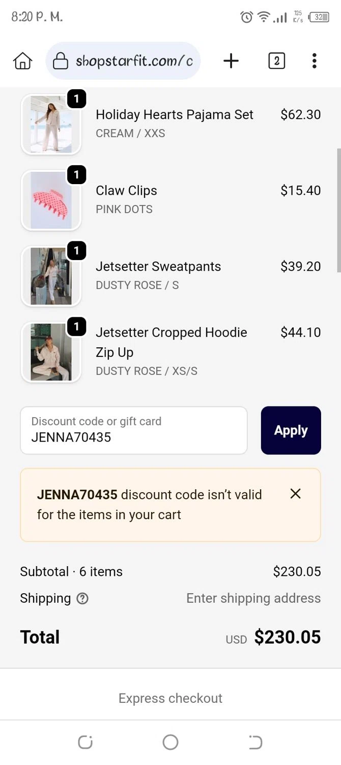 STARFIT discount code screenshot showing code JENNA70435 applied at STARFIT checkout page. Uploaded by SimplyCodes community member alexmarygomez on Nov 28, 2025
