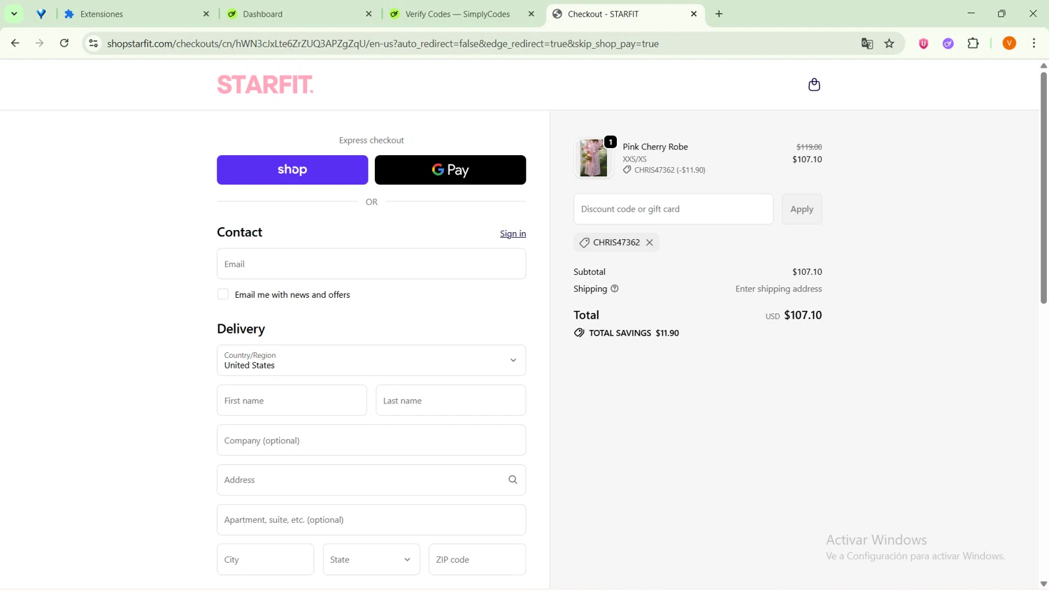 STARFIT discount code screenshot showing code CHRIS47362 applied at STARFIT checkout page. Uploaded by SimplyCodes community member RebateSaver5991 on Oct 1, 2025