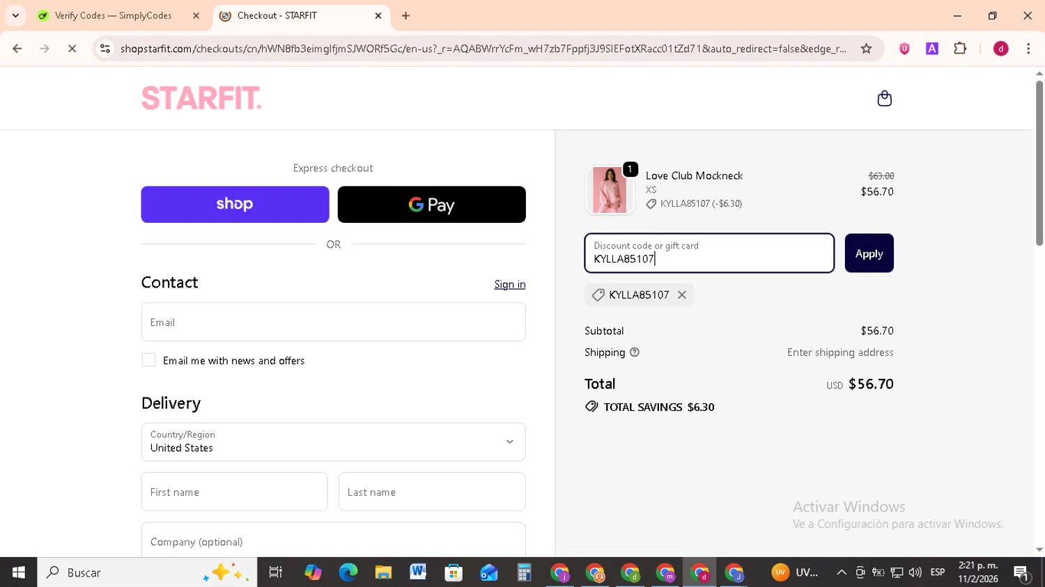 STARFIT checkout page showing STARFIT discount code box | Screenshot taken by SimplyCodes community member on Feb 11, 2026