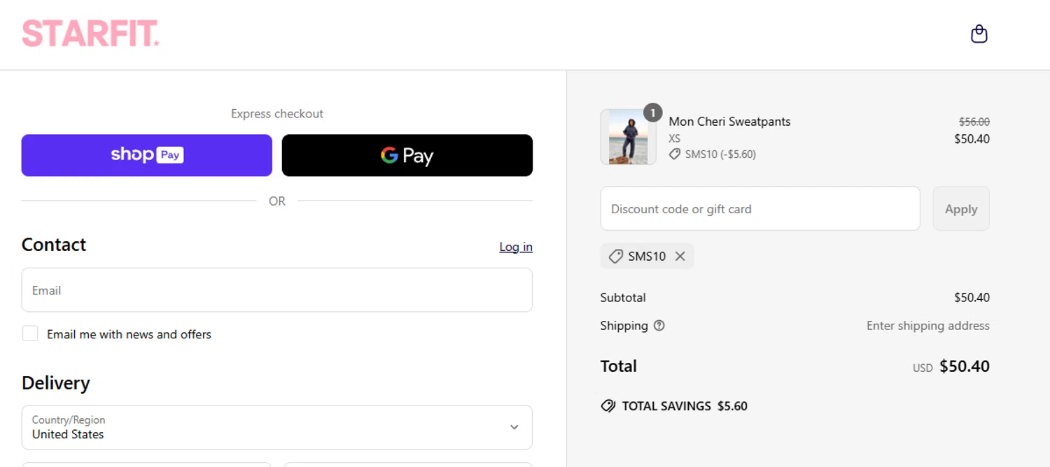STARFIT discount code screenshot showing code SMS10 applied at STARFIT checkout page. Uploaded by SimplyCodes community member salemigajera on May 10, 2025
