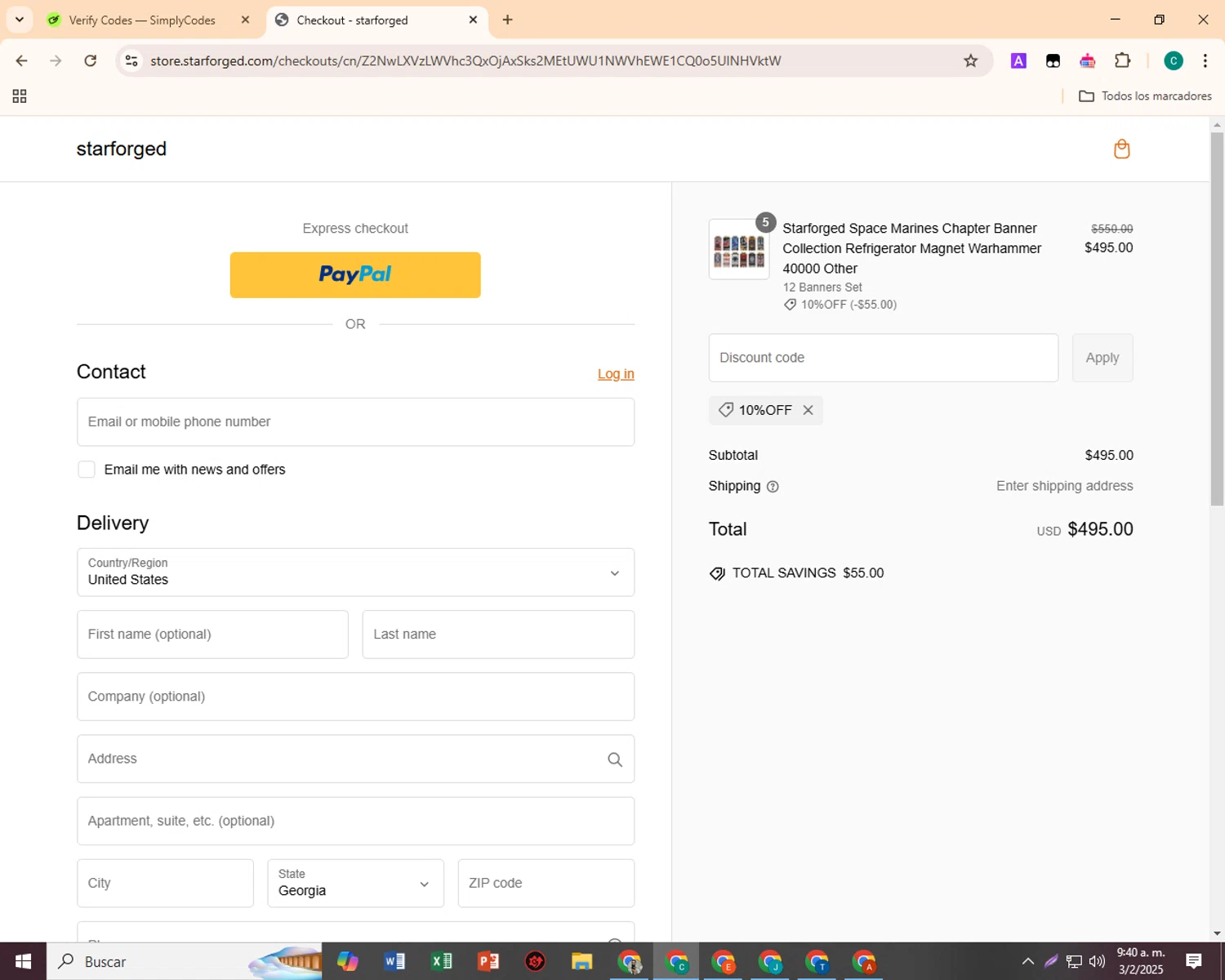starforged discount code screenshot showing code 10%OFF applied at starforged checkout page. Uploaded by SimplyCodes community member EpicSpotter3493 on Feb 3, 2025