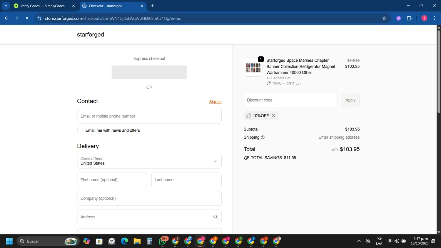 starforged discount code screenshot showing code 10%OFF applied at starforged checkout page. Uploaded by SimplyCodes community member Tryhard on Oct 18, 2025