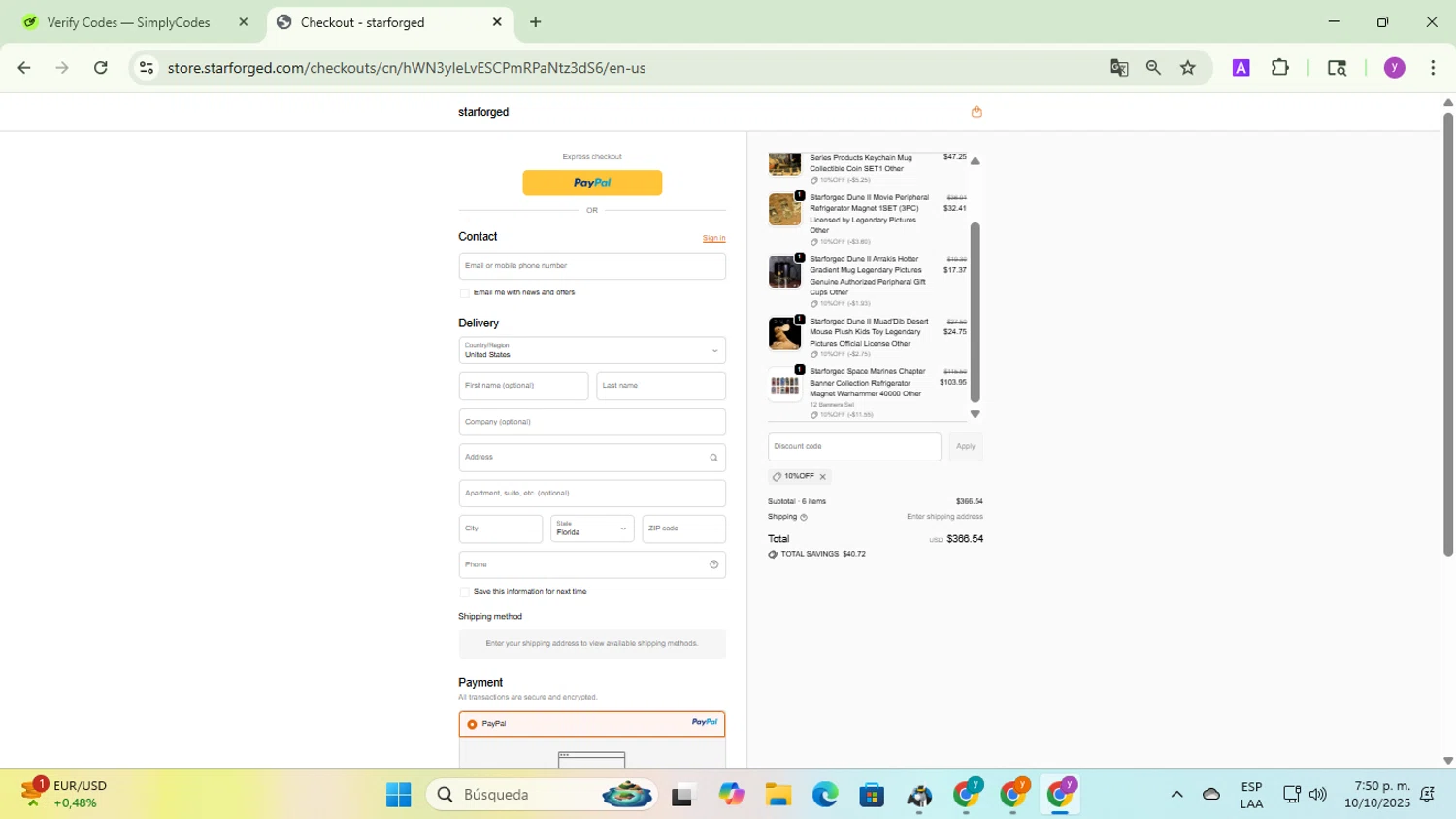 starforged discount code screenshot showing code 10%OFF applied at starforged checkout page. Uploaded by SimplyCodes community member yadicg054 on Oct 10, 2025
