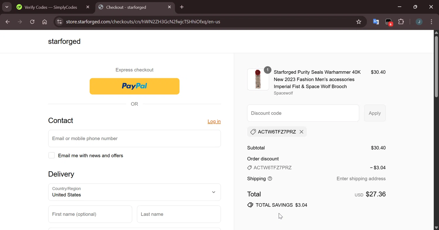starforged discount code screenshot showing code ACTW6TFZ7PRZ applied at starforged checkout page. Uploaded by SimplyCodes community member Eltoro20 on Sep 4, 2025