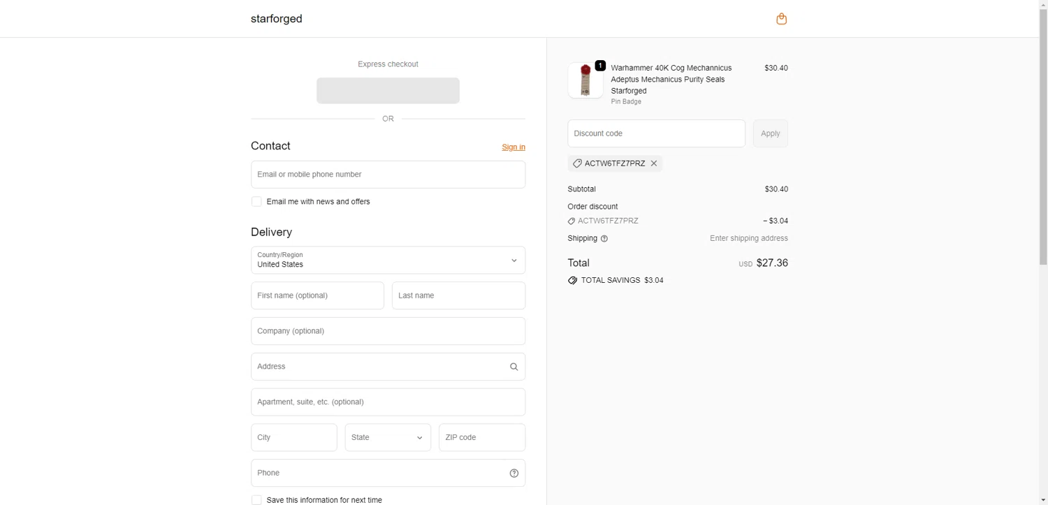starforged discount code screenshot showing code ACTW6TFZ7PRZ applied at starforged checkout page. Uploaded by SimplyCodes community member PromoSeeker7158 on Sep 21, 2025
